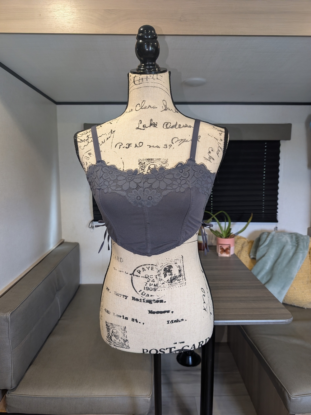 Lace-Trim Bustier Crop Top - Charcoal Gray